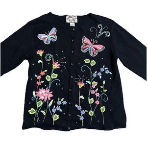 Heirloom Collectibles Cardigan Womens Sm Button Front Sequin Butterflies Flowers